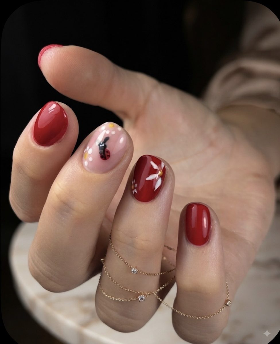 Nail art coccinelle rouge par Nail Tech Studio